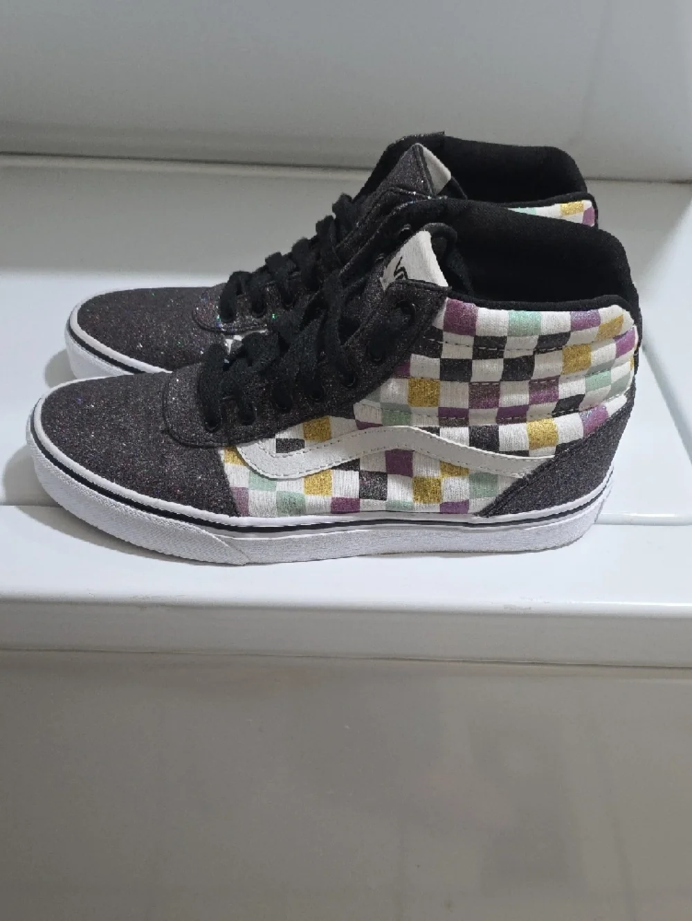 Vans Kids Glitter High-Top Sneakers - Black with Multicolor Checks - Picture 2 of 5